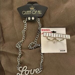 Silver Love Necklace and Bongo Ring Set